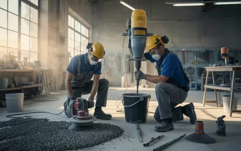 Två byggarbetare förbereder sig för att gjuta betonggolv. En blandar cement i en hink med en kraftig blandare, medan den andra förbereder ytan med en polermaskin.