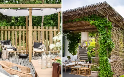 Två mysiga uteplatser med pergola inspiration. En med vit markis och ljusslinga, den andra med klätterväxter och bambuskärm.