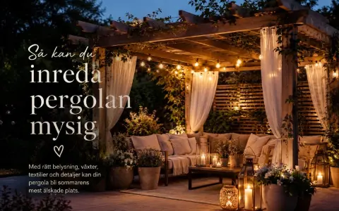 En mysig pergola med belysning, draperier och sittgrupp. Perfekt för sommarkvällar.