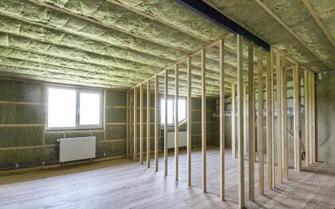 Rummet är under renovering med träreglar och ljudisolering på väggar och tak. Två fönster med vita element under.