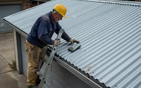 Man på stege mäter lutningen på ett plåttak. Instrumentet visar 4,5 grader, vilket är en bra minsta lutning för plåttak.