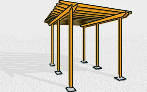 Enkel pergola ritning i gult och svart, med skuggor som faller på en gräsmatta.