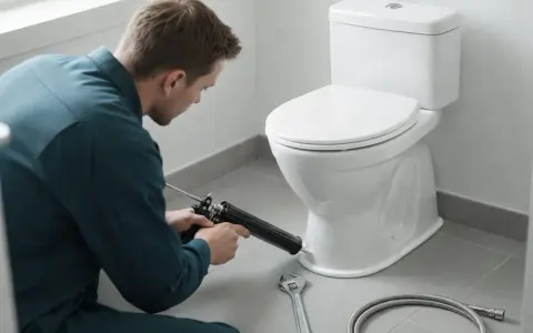 Hantverkare använder fogpistol för att limma toalettstol. Verktyg som skiftnyckel och slang ligger redo.