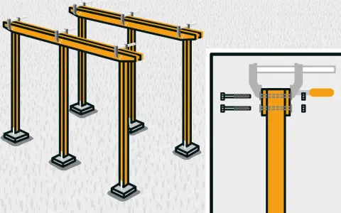 Illustration visar hur man bygger en pergola med stolpar och balkar. Detaljbild visar hur man fäster balken med bultar.
