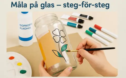 En hand målar ett blommönster på ett glas med en pensel. Färger, alkohol och andra tillbehör för att måla på glas ligger bredvid.