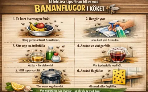 Effektiva tips för att bli av med bananflugor i köket: ta bort övermogen frukt, rengör ytor, sätt upp fällor med ättika eller vin. Töm soporna.