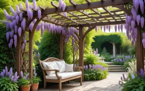 En vacker blåregn pergola med en träbänk under, omgiven av lila blommor och grönska. En idyllisk plats för avkoppling.