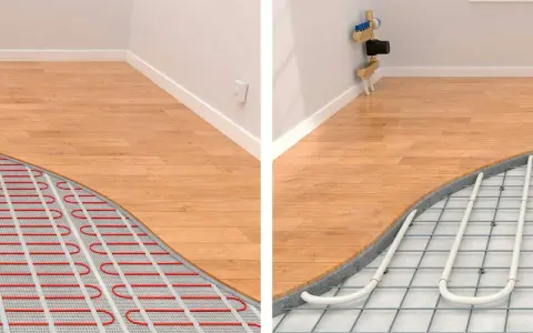 Två sidor av ett trägolv visar hur ett varmt golv installeras. Till vänster syns ett elektriskt värmesystem, till höger rör för vattenburen golvvärme.