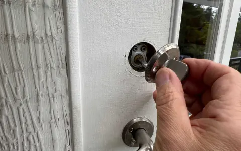 En hand håller en nyckel till ett nfc lås på en vit dörr.