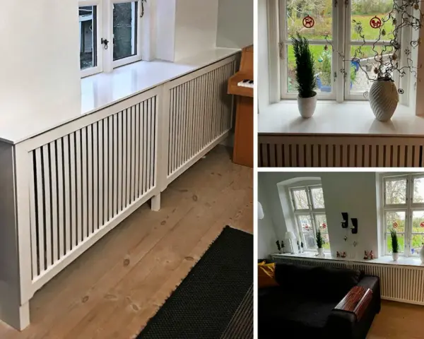 Vitt elementskydd längs fönsterbrädorna, ger ett stilrent och praktiskt skydd.