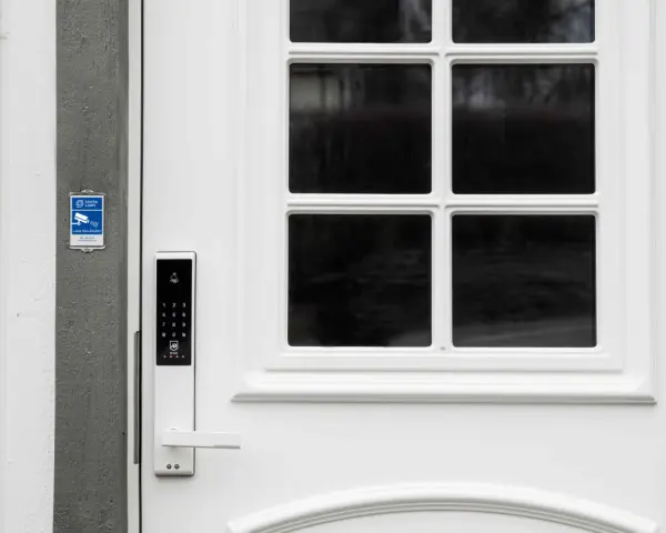 Vit ytterdörr med digitalt lås, låsklass 3, och en skylt för larm med åtgärd.