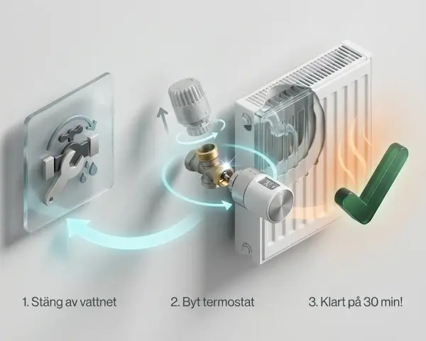 Steg-för-steg-guide för att byta radiator termostat. Stäng av vattnet, byt termostat, klart på 30 min!