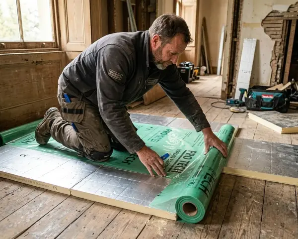 Man rullar ut grön ångspärr över isoleringsskivor för att isolera betonggolv.