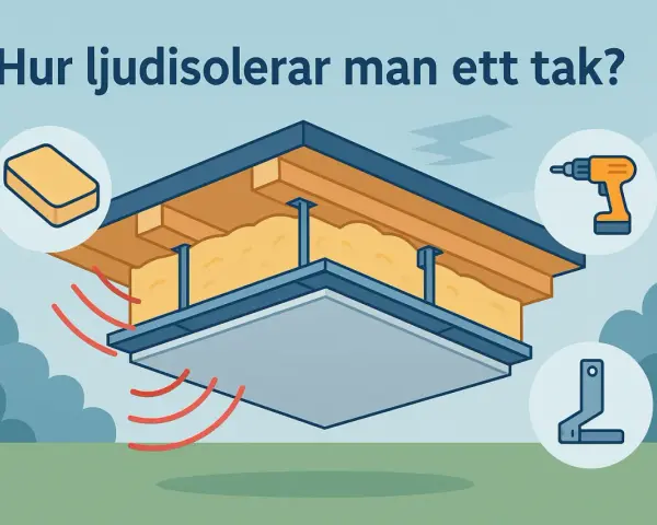Illustration visar hur man ljudisolerar tak mellan våningar med isolering, skruvdragare och fästen.