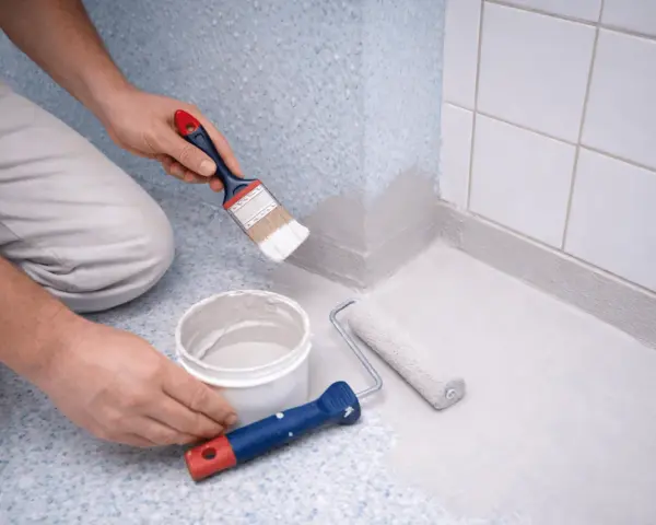 Person målar våtrumsmatta med pensel och roller. En hink med färg står bredvid.