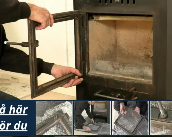 Här visas hur man byter en sprucken sten i kamin. En person tar bort luckan till kaminen där man ser den spruckna stenen inuti.