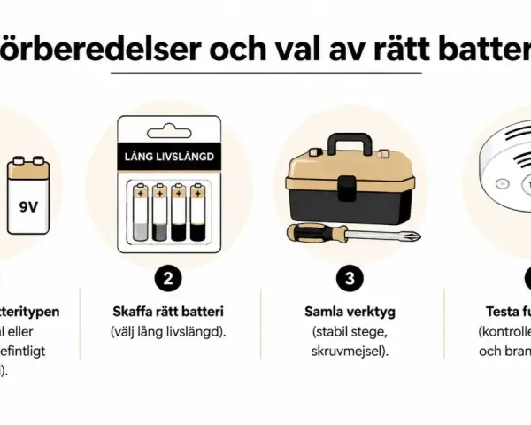 Bilden visar hur man förbereder och väljer rätt batteri. En brandvarnare piper trots nytt batteri? Följ stegen för att testa funktionen.