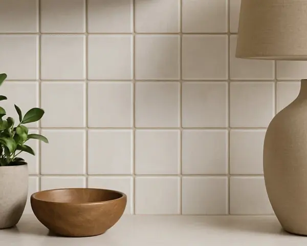 En krukväxt, en träskål och en lampa står framför en vägg med ljusa, fyrkantiga kakelplattor. En fin detalj som visar skillnad på kakel och klinker.