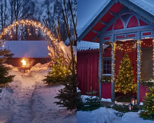 Varm julbelysning utomhus inspiration: snöiga stigar leder till en mysig eldstad och ett rött hus med julgranar.