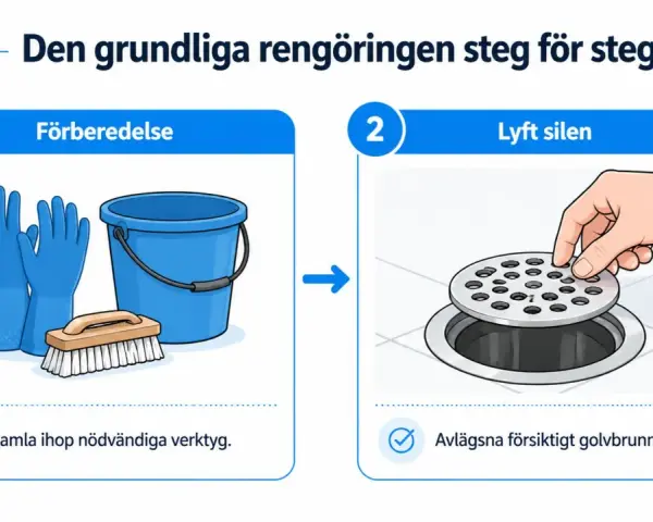 Steg 1: samla ihop handskar, hink och borste. Steg 2: lyft försiktigt golvbrunnens sil för att rensa golvbrunn.