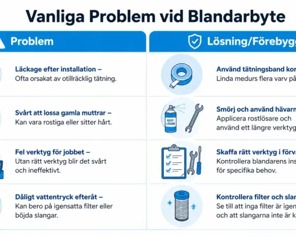 Vanliga problem vid byte av duschblandare: läckage, rostiga muttrar, fel verktyg, dåligt vattentryck. Lösningar: täta rätt, smörj, använd rätt verktyg, kontrollera filter.