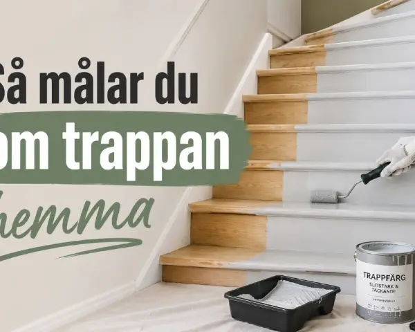 En person målar trappsteg grå med en roller. Halva trappan är redan målad, den andra halvan är i trä. Texten "Så målar du om trappan hemma" syns.