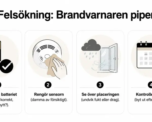Felsökning: brandlarm piper. Kontrollera batteri, rengör sensor, se över placering, kontrollera ålder.