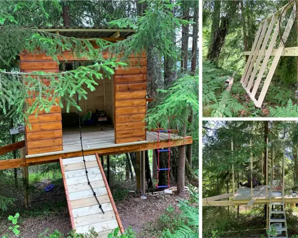 Bygga stege till ett trädkoja i skogen. En trästege och ett rep är fästa vid kojan.