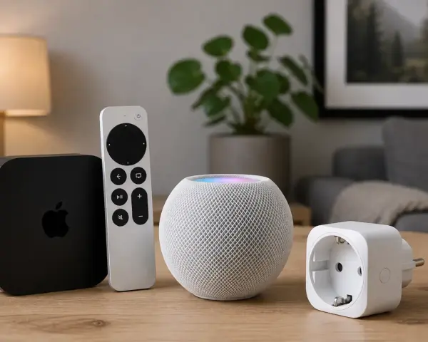 Apple TV, Siri Remote, HomePod och en smart plugg för ett smart hem.