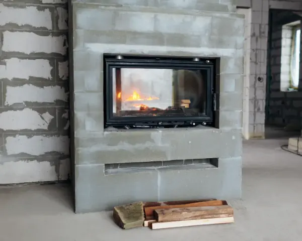 En nyinstallerad kamin med eld i. Byggarbetsplats med tegelväggar och golv.