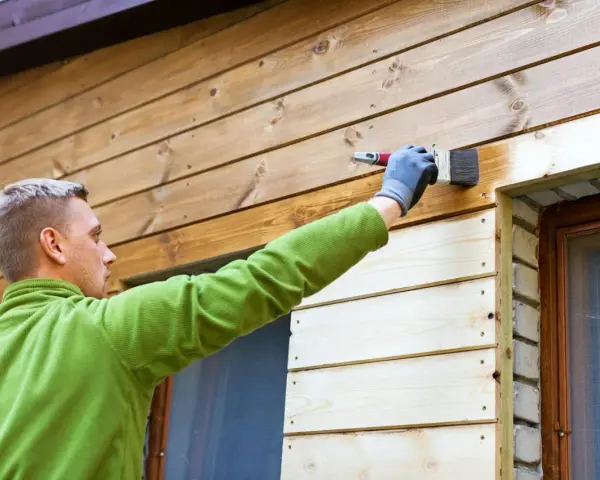 Man målar tryckimpregnerat trä med en pensel. Han har en grön tröja och grå handskar.