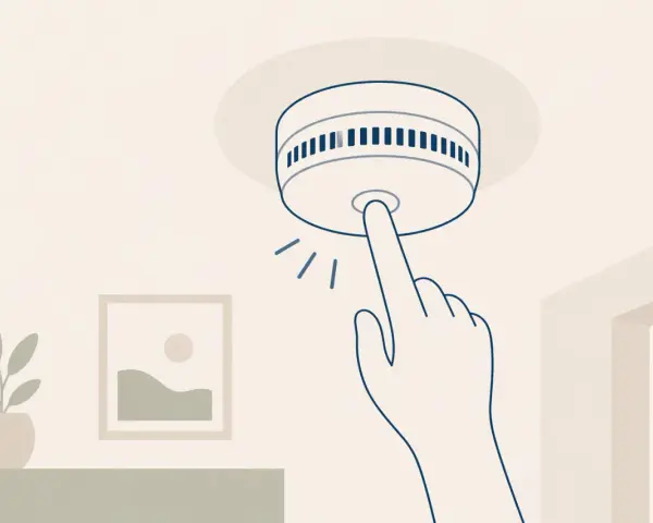 En hand trycker på en brandvarnare för att testa den. Enkel illustration av säkerhet i hemmet.