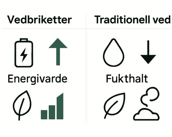 Jämförelse av vedbriketter och traditionell ved. Vedbriketter har hög energivärde, medan traditionell ved har högre fukthalt.