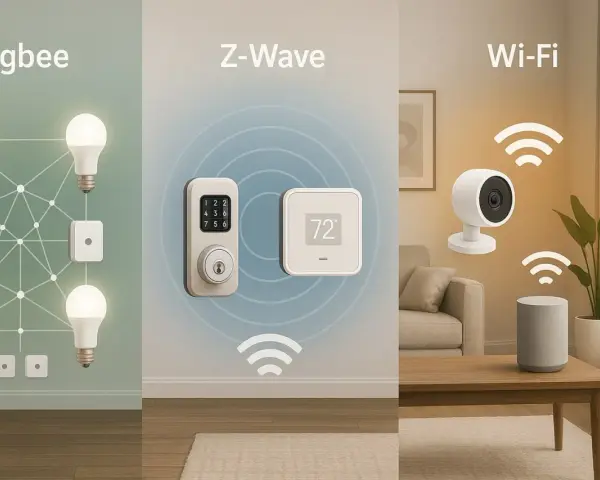 Z-Wave-teknik visar ett smart lås och en termostat. Zigbee visar lampor och brytare. Wi-Fi visar en kamera och högtalare.