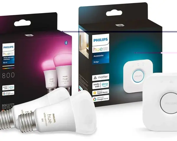 Philips Hue smart lampor och en Hue Bridge, redo för Matter. Skapa stämning med färg och vitt ljus.