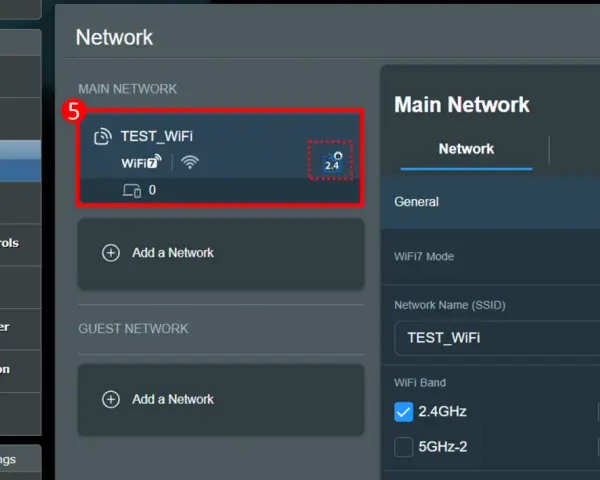 Asus router problem: TEST_WIFI-nätverket är aktivt på 2.4GHz-bandet.