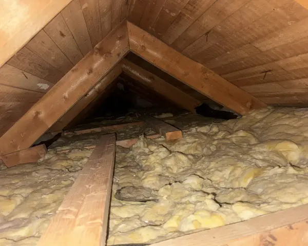 Takbjälkar och isolering i ett vindsutrymme. En del av isoleringen syns tydligt, vilket visar hur man kan isolera innertak för bättre värmeekonomi.