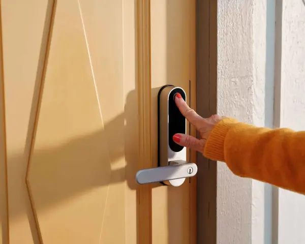 En hand med orange tröja använder fingeravtrycksläsaren på ett modernt dörrlås. Kanske ett nimly touch pro problem uppstod?