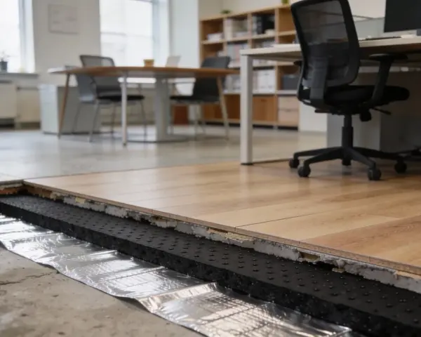 Detaljerad vy av ljudisolering golv med trägolv ovanpå. Ett kontor med möbler syns i bakgrunden.