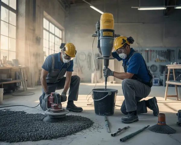 Två byggarbetare förbereder sig för att gjuta betonggolv. En blandar cement i en hink med en kraftig blandare, medan den andra förbereder ytan med en polermaskin.