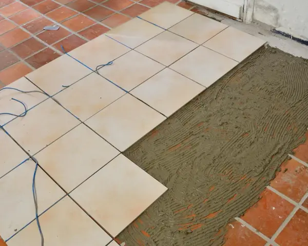 Läggning av nya ljusa klinkerplattor ovanpå befintliga, med fogmassa redo för mer klinker på klinker.