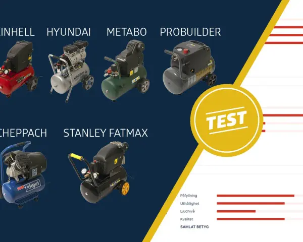 Test av kompressorer: Einhell, Hyundai, Metabo, Probuilder, Scheppach, Stanley Fatmax. Lär dig hur fungerar en kompressor och jämför modeller.
