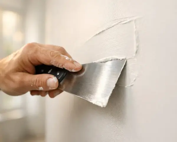 Hand med spackelspade breddar spackel på en vägg. Torktid spackel är viktig för ett jämnt resultat.