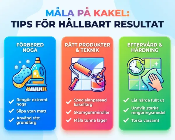 Tips för att måla kakel: förbered noga, använd rätt produkter och teknik, samt sköt eftervård och härdning för ett hållbart resultat.
