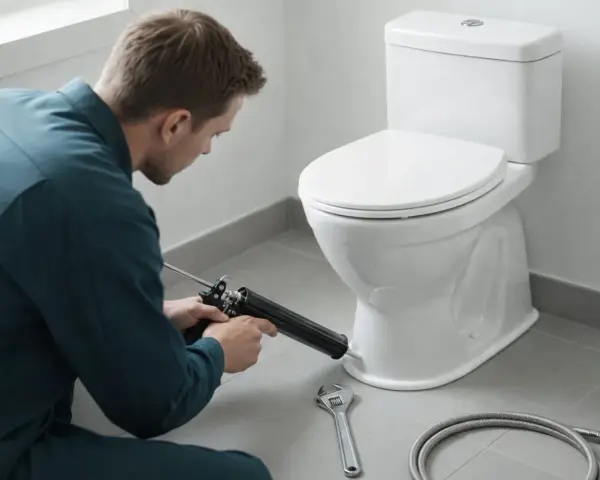 Hantverkare använder fogpistol för att limma toalettstol. Verktyg som skiftnyckel och slang ligger redo.