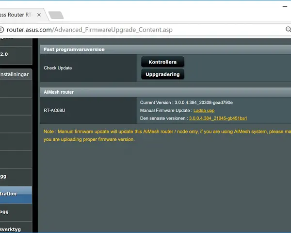 Sidan visar hur man uppdaterar Asus router RT-AC68U. Här kan du kontrollera och ladda upp ny firmware för din nätverksenhet.