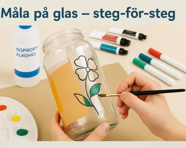 En hand målar ett blommönster på ett glas med en pensel. Färger, alkohol och andra tillbehör för att måla på glas ligger bredvid.