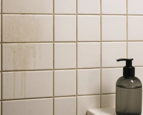 Smutsiga kakelplattor med rinnande vattenfläckar. En mörk tvålbehållare står till höger. Dags att ta bort kakel och rengöra.