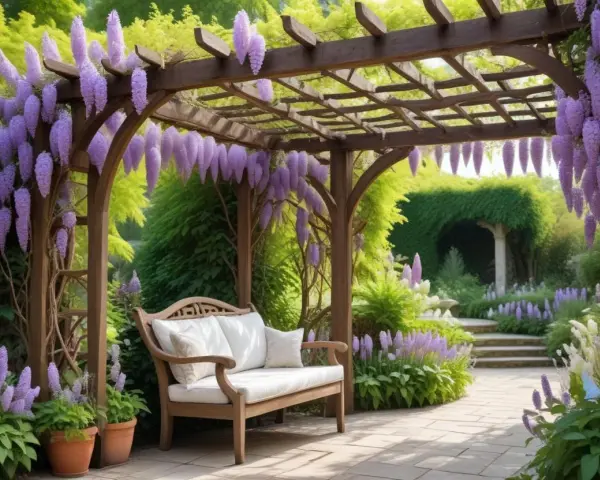 En vacker blåregn pergola med en träbänk under, omgiven av lila blommor och grönska. En idyllisk plats för avkoppling.