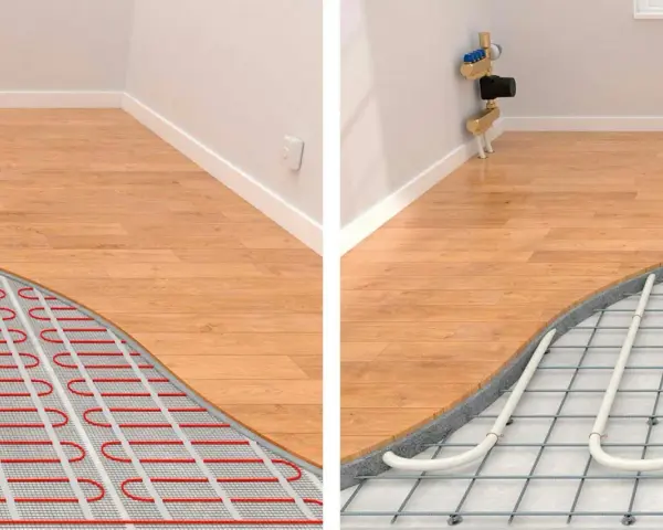 Två sidor av ett trägolv visar hur ett varmt golv installeras. Till vänster syns ett elektriskt värmesystem, till höger rör för vattenburen golvvärme.